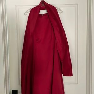 Red satin full length dress with satin over shoulder shawl